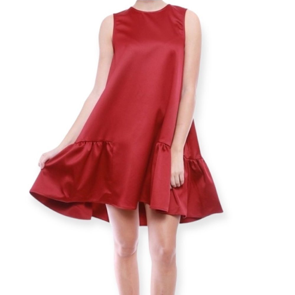 FRNCH Wine Red Satin Ruffle Cocktail Dress Sleeveless Exaggerated Hem Size L